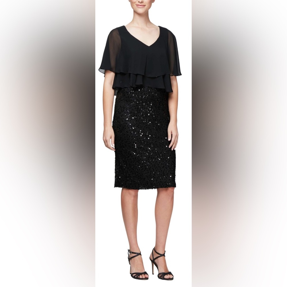 Alex Evenings Plus Size Black Sequin Chiffon Cape Sleeve Sheath Dress